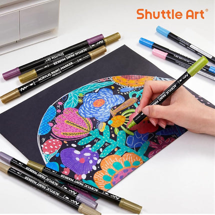 Shuttle Art Dual Tip Metallic Acrylic Paint Pens, 28 Colours Fine & Brush Paint Marker Pens, Paint Pens for Rock Painting, Ceramic, Wood, Fabric, Art Marker Pen Set for Kids Adults on Christmas Easter