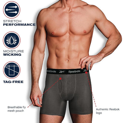 Reebok Men's Underwear - Performance Boxer Briefs with Fly Pouch (4 Pack) (Small, Black/Fig/Grey)