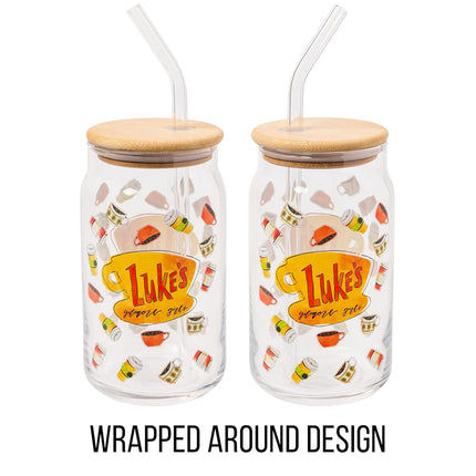 Vaso de cristal Silver Buffalo Gilmore Girls Luke's Diner con tapa de bambú y pajita de cristal, 473 ml