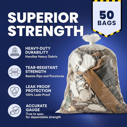 Plasticplace Contractor Trash Bags 42 Gallon │ 3.0 Mil │ Clear Heavy Duty Garbage Bag │ 32.6” x 46.4” (50 Count)