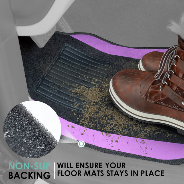 Alfombrillas de coche prémium de moqueta en color morado, ajuste universal, marca FH Group F14407PURPLE, compatibles con la mayoría de coches, todoterrenos y camiones, con talonera para el conductor, juego completo