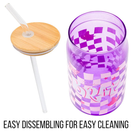 Silver Buffalo Bratz Logo Retro Groovy Purple Checkered Glass Jar Tumbler with Bamboo Lid and Glass Straw, 16 Ounces