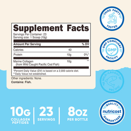 Nutricost Colágeno Marino en Polvo Pescado Silvestre (8 oz) - 23 Porciones, 10 G de Proteína por Porción, Capturado en Aguas Salvajes de Alaska