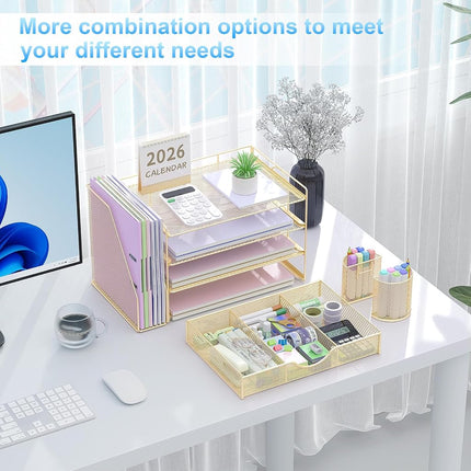 gianotter Paper Letter Tray Organizer with File Holder, 4-Tier Desk Accessories & Workspace Organizers with Drawer and 2 Pen Holder, Desk Organizers and Accessories for Office Supplies, 4T-2