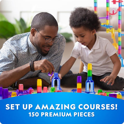 National Geographic Glowing Marble Run – 150 Piece Construction Set with 30 Glow in the Dark Glass Marbles, Mesh Storage Bag, Great Creative STEM Toy for Girls and Boys