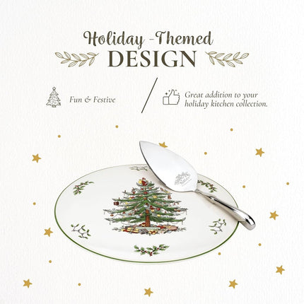Spode Christmas Tree Cake Plate & Server Set - 11.5 Inch Fine Porcelain Cake Plate with Stainless Steel Server for Holiday Parties - Festive Christmas Tableware, Seasonal Dinnerware