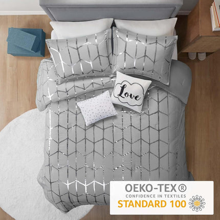 Intelligent Design Raina King/Cal King Comforter Set, Soft Microfiber Comforter Set King, Modern Geometric Metallic Bed Set, 5 Pieces College Bedding Comforter Set with 2 Shams, 2 Toss Pillows Grey