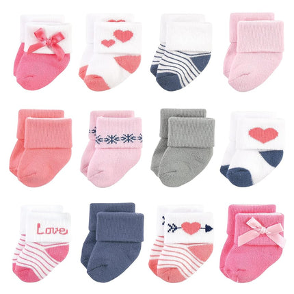 Hudson Baby Baby Girls' Cotton Rich Newborn and Terry Socks, Pink Love, 0-6 Months
