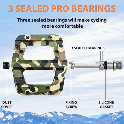 JETCAT Mountain Bike Pedals Flat - MTB Pedals Flat, Bicycle Pedals for BMX/MTN/Road/Gravel/EBike, BMX Pedals, Platform Pedals, Adults & Kids Bike Replacement - Camouflage 9/16