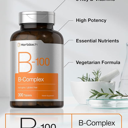 Vitamin B-100 Complex | 300 Tablets | Vegetarian, Non-GMO, and Gluten Free Supplement | by Horbaach