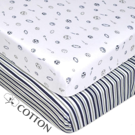American Baby Company 2 Pack 100% Natural Cotton Fitted Pack and Play Sheets 39" x 27" - Soft & Breathable Pack N Play Sheets for Playard & Mini Crib Mattress, Navy/Grey Sport Stripes, for Boy & Girl