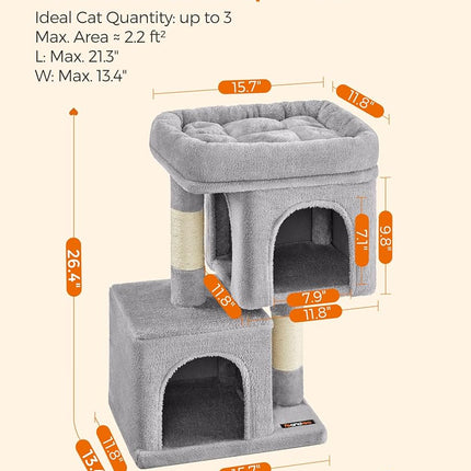 Feandrea Cat Tree Tower, 67 cm, S, Condo for Kittens up to 7 lb, Large Perch, 2 Caves, Scratching Post, Light Gray UPCT611W01