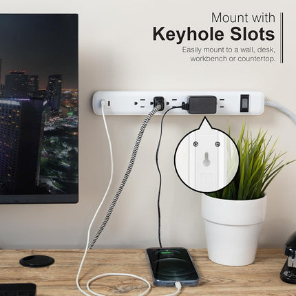 GE -Branded 82594 - 6 Output Power Supply with USB, Socket Extension, 1 USB-A, 1 USB-C, 1 m, White