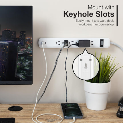 GE -Branded 82594 - 6 Output Power Supply with USB, Socket Extension, 1 USB-A, 1 USB-C, 1 m, White