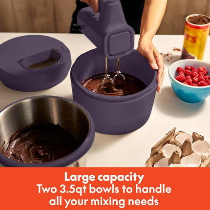 bella 3.5 Qt Hand Blender & Stand Mixer, 2 in 1 Electric Mixer with Bowl, Dough Hook, Whisk & Egg Beater, Multifunctional Handheld Blender & Mixer for Baking, 200 Watt, Plum