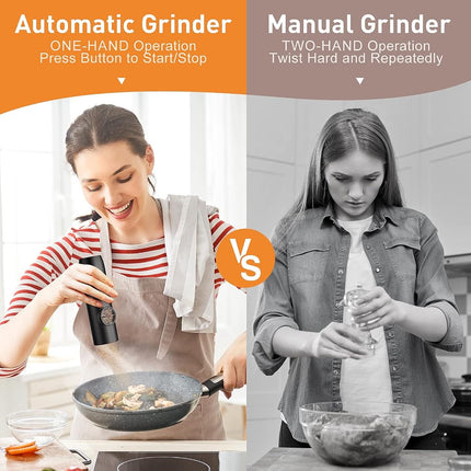 Electric Salt and Pepper Grinder Set, Rechargeable Automatic Pepper Mill Grinder with LED Light, Adjustable Coarseness shakers, One-Hand Operation for Kitchen(2 Pack,Black+Black)
