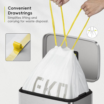 EKO 13 Gallon / 40-60 Liter Drawstring Trash Bags, Extra-Strong Unscented Garbage Bags, 60 Count Easy-Dispense Roll for Kitchen & Household Use, Leak-Resistant, Code F, White