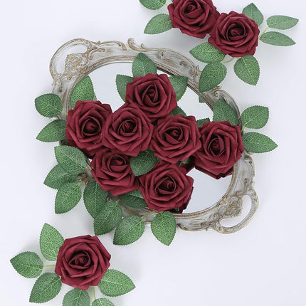 DuHouse 25Pcs Artificial Roses Flowers Fake Rose with Stems Real Touch Foam Flower Head for DIY Wedding Bridal Bouquet Baby Shower Centerpiece Floral Arrangement Party Home Decor(Burgundy)