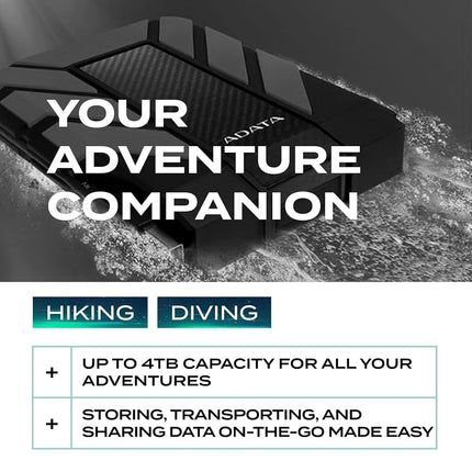 ADATA HD710 Pro 2TB HDD, USB 3.1, IP68 Waterproof/Shockproof/Dustproof Ruggedized External Hard Drive, Black (AHD710P-2TU31-CBK)