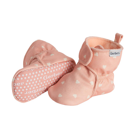 Gerber Baby Fleece Lined Wrap Fasten Non Skid Soft Slipper Booties, Pink Heart, 0 3_Months Unisex Infant