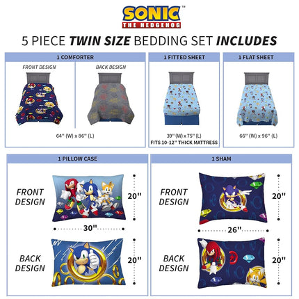 Franco Kids Bedding Super Soft Comforter and Sheet Set with Sham, 5 Piece Twin Size, Sonic The Hedgehog, Anime