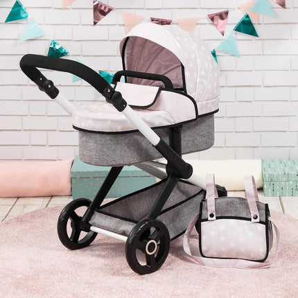 Bayer Baby Dolls Pram XEO - Convertible Doll Pushchair, Carrycot & Changing Bag - Foldable Stroller with Adjustable Handle Height for Girls, Tall Dolls Pram for 6 Years Plus, 3-5 Year Olds
