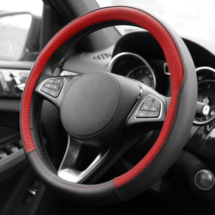 FH Group FH2009 Geometric Chic Genuine Leather Steering Wheel Cover (Red) � Universal Fit for Cars Trucks & SUVs
