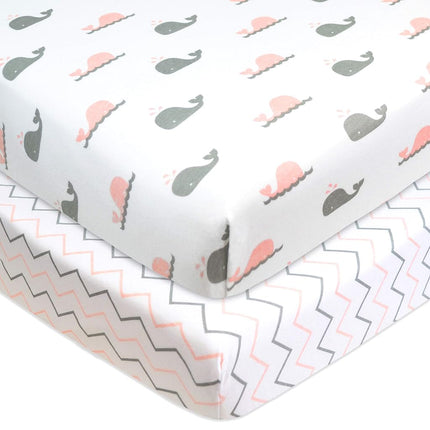 American Baby Company Sábana ajustable de punto de jersey de algodón 100% natural, con estampado de ballena rosa/zigzag, suave y transpirable, para niñas, paquete de 2 unidades