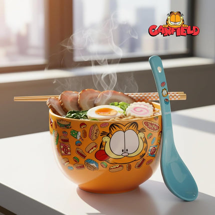 Silver Buffalo Garfield Hungry Junk Food Ceramic Ramen Noodle Rice Bowl with Chopsticks and Spoon, Microwave Safe, 20 Ounces