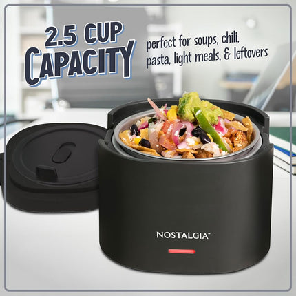 Lonchera eléctrica portátil Nostalgia de 20 onzas con calefacción – Tamaño de viaje, capacidad de 2.5 tazas para sopa, chile y sobras – Tapa sellada de silicona a prueba de fugas, asa de transporte plegable, cable desmontable – Negro