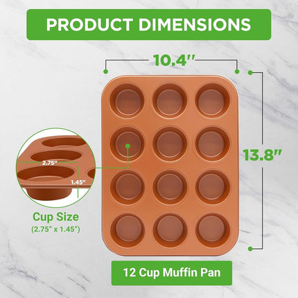 NutriChef 12-Cup Copper Oven Muffin Pan, Non-Stick Coated Layer Surface, Even Heating Muffin Tray for Muffins, Cupcakes, Pastries & Mini Pies, Used for Model Number NCBSCC54