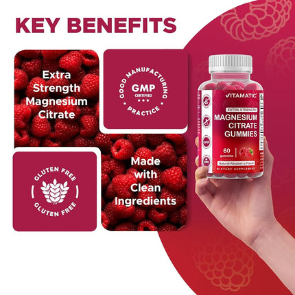 Vitamatic Extra Strength Magnesium Gummies 255 mg (Elemental Mg) per Serving - 60 Vegan Gummies - Promotes Healthy Relaxation, Muscle, Bone, & Energy Support
