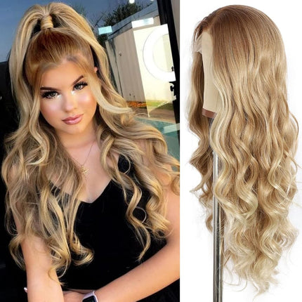 Xiweiya Long Natural Wave Ombre Brown Blonde Synthetic Lace Front Wigs Side Part Heat Resistant Fiber Hair Wigs For Women Replacement Everyday Wigs