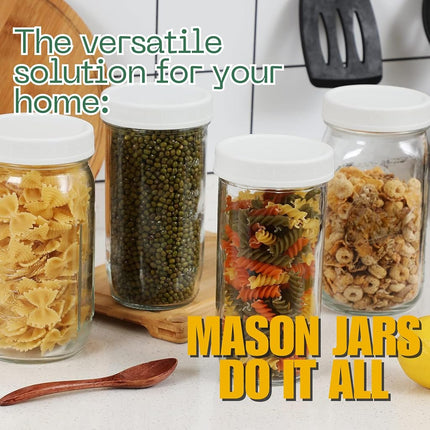 Wide Mouth Mason Jars 32 oz – 2 Pack Quart Size Jars with Airtight Lids and Bands & White Plastic Lid, Ideal for Meal Prep, Canning, Fermenting and DIY Projects, Microwave & Dishwasher Safe.