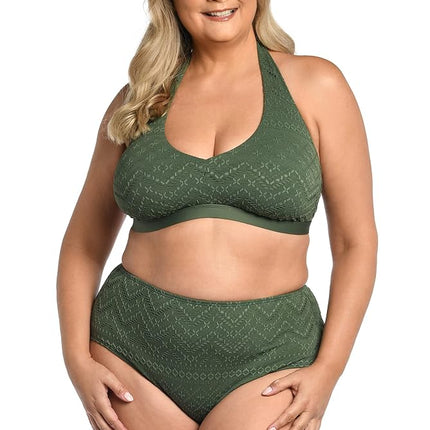 Top de traje de baño bikini estándar con banda para mujer La Blanca, Olive//Saltwater Sands, 20 Plus