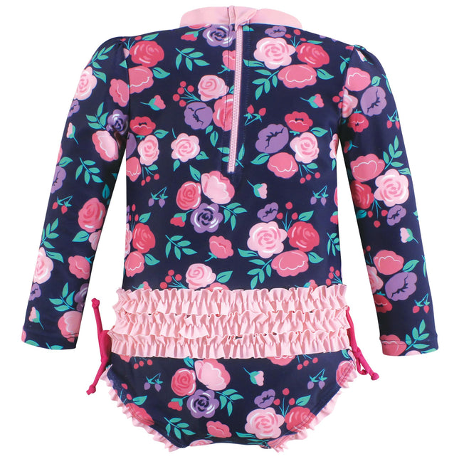 Hudson Baby Girls' Baby and Toddler Swimsuit, Navy Bright Pink Floral, 5T