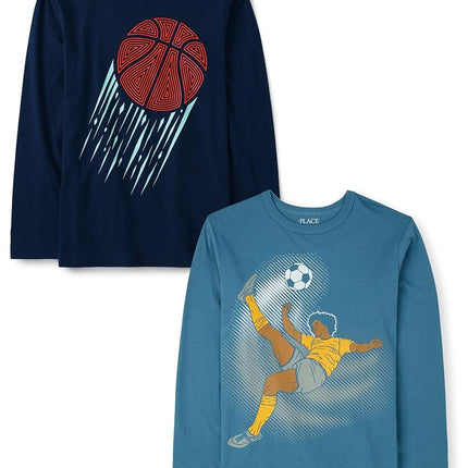 The Children's Place Conjunto de 2 camisetas de manga larga con gráficos para niños, jugadores de fútbol americano/baloncesto, L