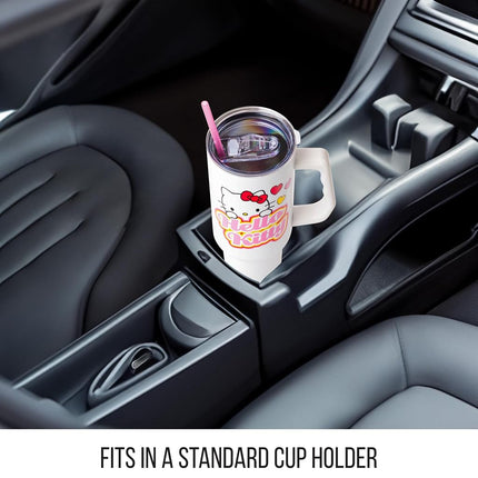 Silver Buffalo Sanrio Hello Kitty Name and Hearts Stainless Steel Tumbler with Handle and Straw, Fits in Standard Cup Holder, 40 Ounces