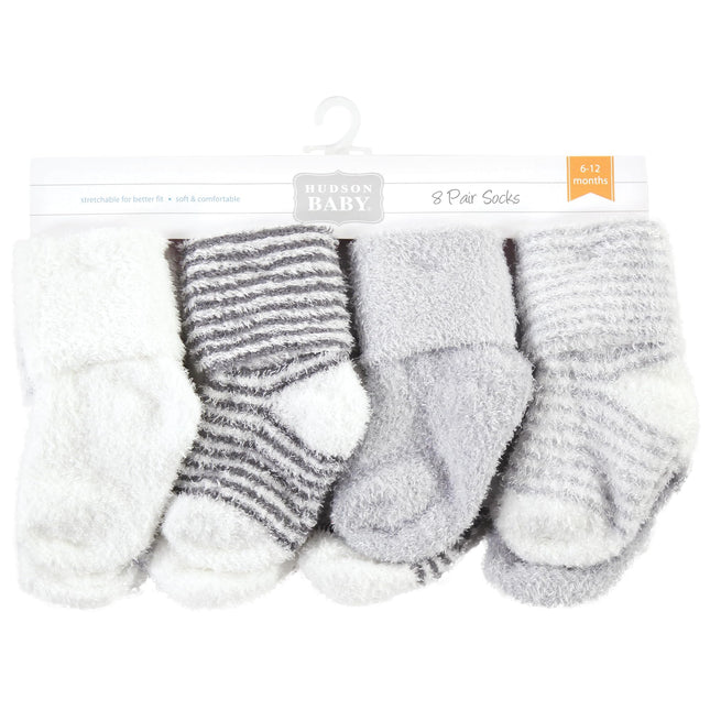 Hudson Baby Unisex Baby Cotton Rich Newborn and Terry Socks, Gray Stripe 8 Pack, 12-24 Months, Gray Stripe 8 Pack, 12-24 Months
