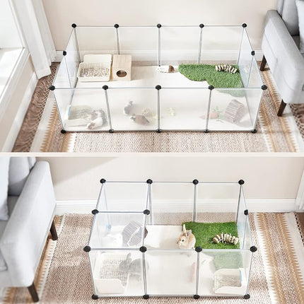 SONGMICS Pet Playpen,Fence Cage with Bottom for Small Animals Guinea Pigs, Hamsters, Bunnies,Rabbits, Pet Exercise Run and Crate, Transparent Plastic Panels, ULPC02W