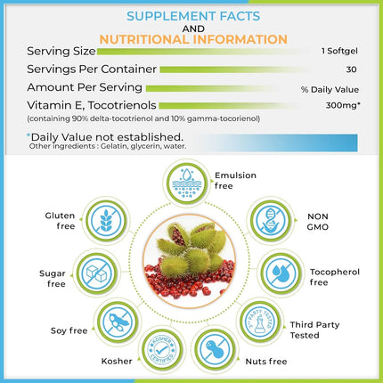 Complément de vitamine E Tocotriénols dérivé de rocou – DeltaGold, sans tocophérol, favorise le cholestérol, l'inflammation, la santé du cerveau et de la peau (300 mg, 30 gélules)