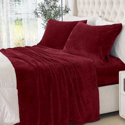 Elegant Comfort Luxuriously Soft 4-Piece Velvet Plush Flannel Sheet Set - Premium Quality - Cozy Warm, Anti-Static, Non Pilling Fuzzy Velvet Flannel Fleece Deep Pocket Sheet Set - King, Burgundy