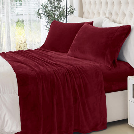 Elegant Comfort Luxuriously Soft 4-Piece Velvet Plush Flannel Sheet Set - Premium Quality - Cozy Warm, Anti-Static, Non Pilling Fuzzy Velvet Flannel Fleece Deep Pocket Sheet Set - King, Burgundy