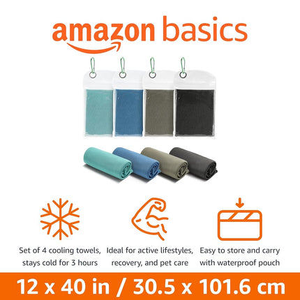 Amazon Basics Gym Cooling Towels for Neck and Face, Working Out, 102 cm x 31 cm, 4-Pack, Black/Gray/Aqua/Navy