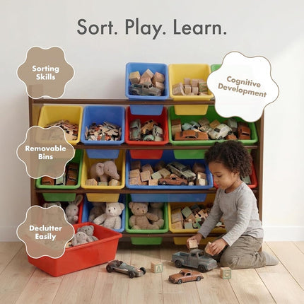 Humble Crew Children's Shelf, Toy Organiser Shelf with 16 Storage Boxes, Dark Wood/Primary