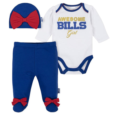 NFL Buffalo Bills 3 Pack Bodysuit Footed Pant and Cap Registry Gift Set, Blue/White Buffalo Bills, 3-6M