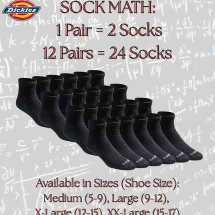 Dickies Men's Dri-tech Moisture Control Quarter Socks Multipack, Solid Black (12 Pairs), Shoe Size: 6-12