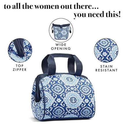 Fit & Fresh 902FFST448 Charlotte Insulated Lunch Bag with Reusable Ice Pack (Medallion Bloom), Cotton, Navy