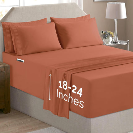 Elegant Comfort Luxury Soft 6-Piece 1500 Premium Hotel Quality Bed Sheet Set with Extra Deep Pockets 18-24 Inch, Wrinkle Free, Storage Pockets, Extra Deep Pocket 6PC Sheets, Full, Coral