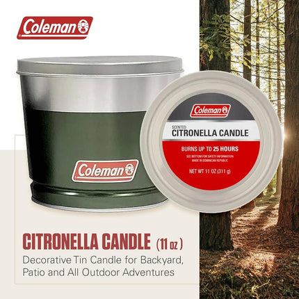 Vela de citronela para exteriores Coleman, vela decorativa en lata para patio, jardín, camping y uso al aire libre, incluye tapa protectora, hasta 25 horas de combustión, 311 g